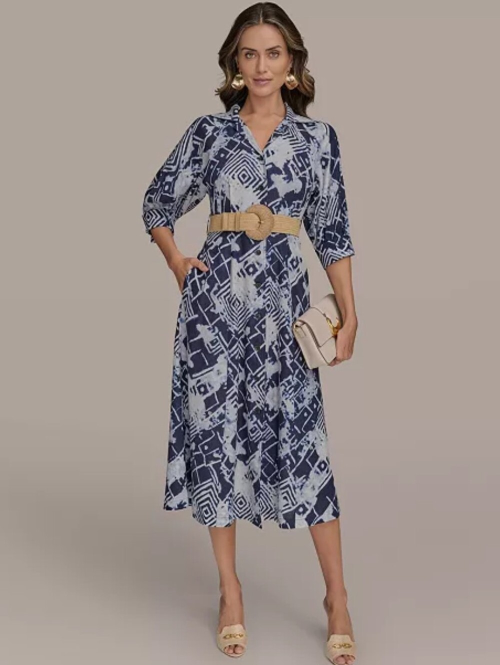 Donna Karan Shirt Belted Dress Sz 6 Blue White Abstract Print Women Office $199